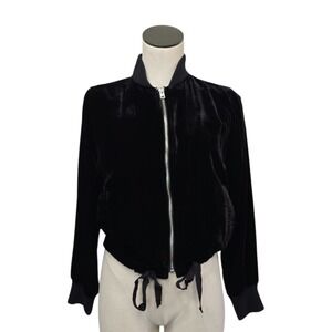 J. Crew Black Velvet Velour Tie Waist Cropped Bomber Jacket Size XS Full‎ Zip